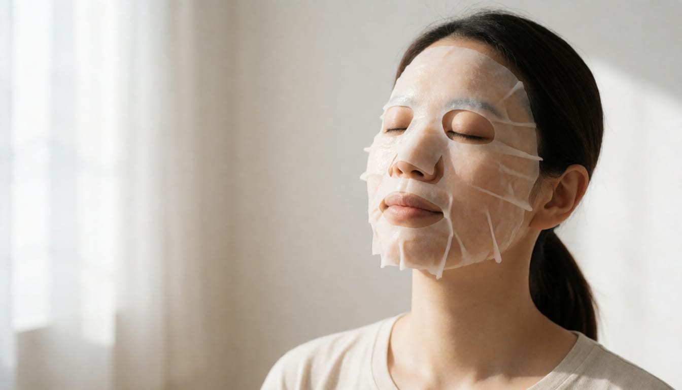 自然光の中でシートマスクを楽しむ女性の様子