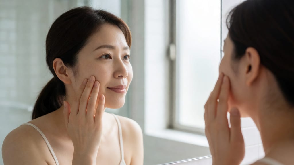 鏡の前で肌の状態をチェックする女性の様子