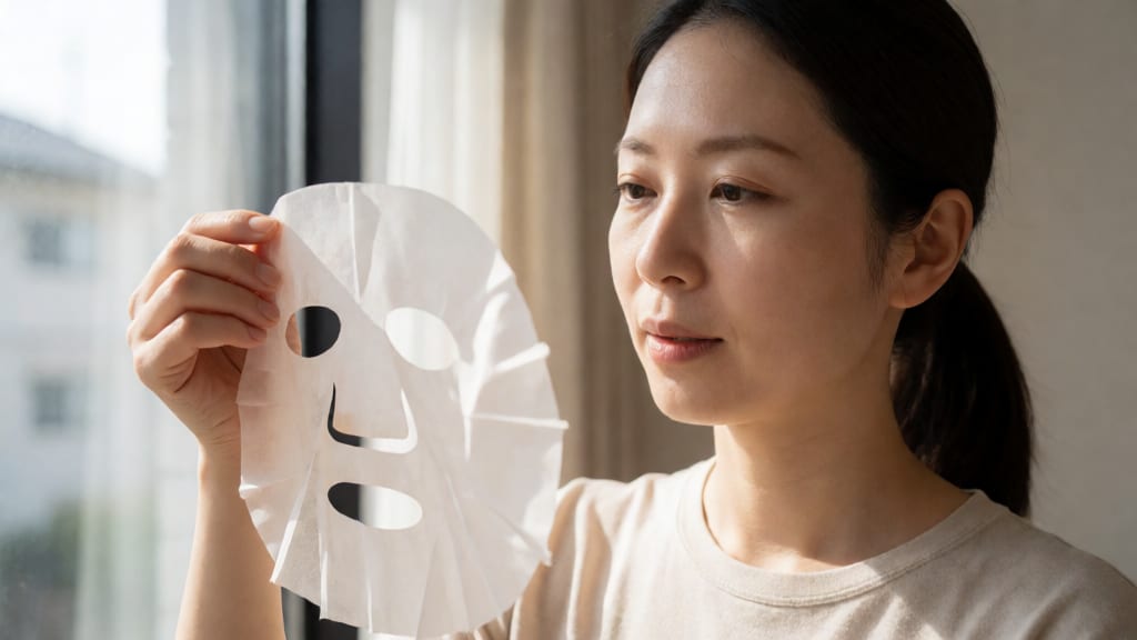 シートマスクの質感を優しく確かめる女性の手元