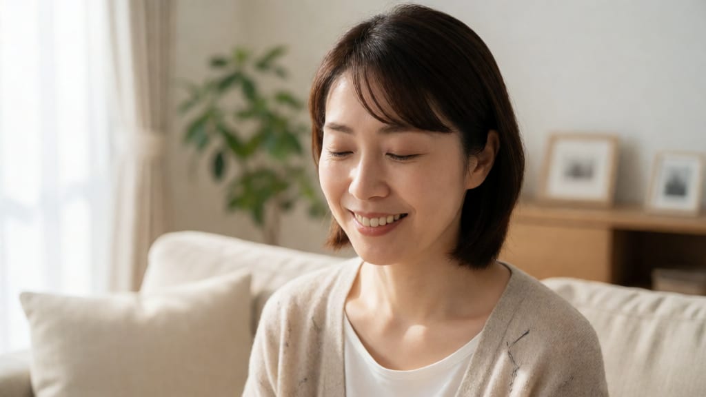 スキンケア後に潤いのある素肌で微笑む女性