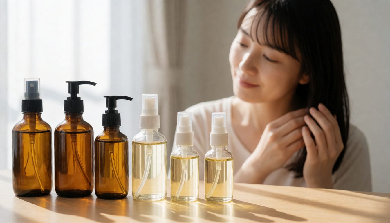 美髪の女性と光が差し込む様々なヘアオイルのボトル