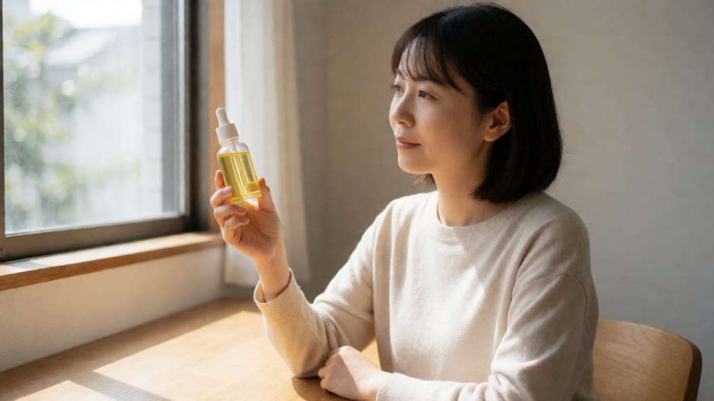 ヘアオイルの瓶を手に取りじっくりと見つめる女性