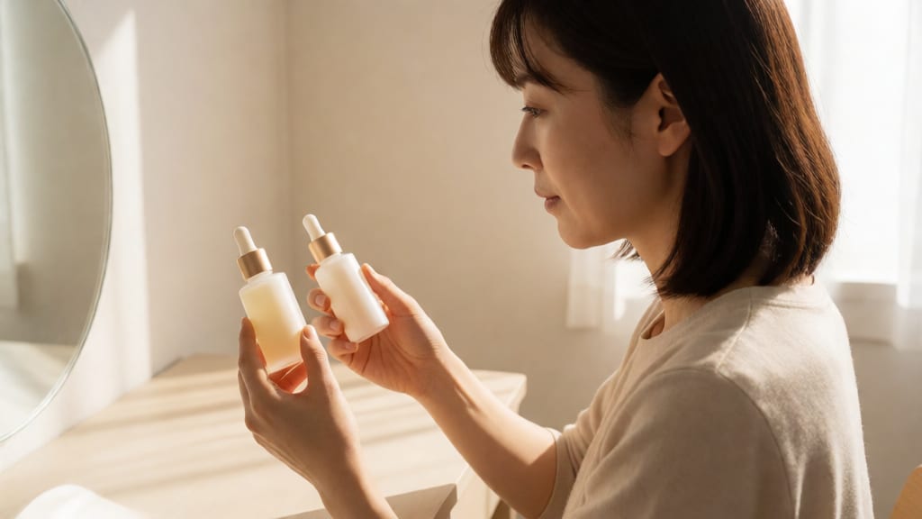 ドレッサーの前で自分に合うオイルを比較する女性