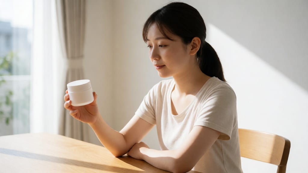 スキンケア選びをじっくり考える女性の横顔