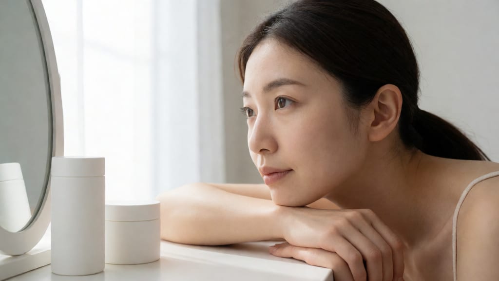 窓辺でスキンケアの疑問に思いを巡らせる女性の姿