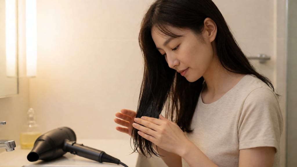 スタイリング前に毛先へヘアオイルをなじませる様子