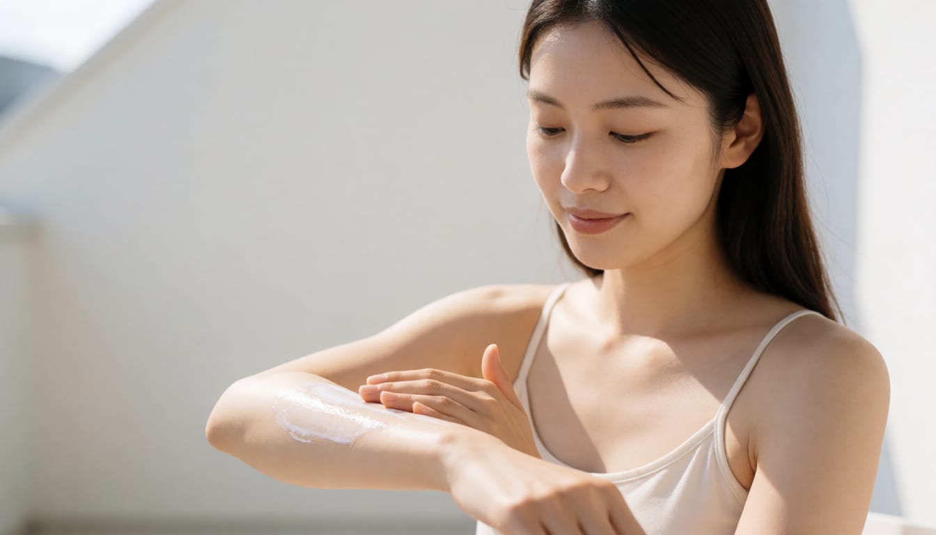 日差しの下で腕に日焼け止めを塗る女性