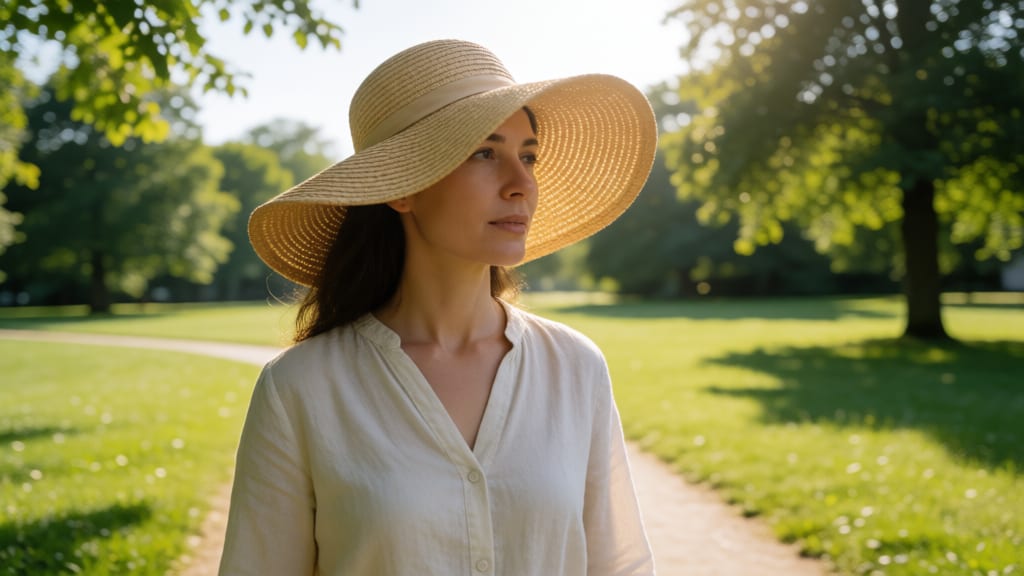 つば広の帽子をかぶって夏の公園を歩く女性
