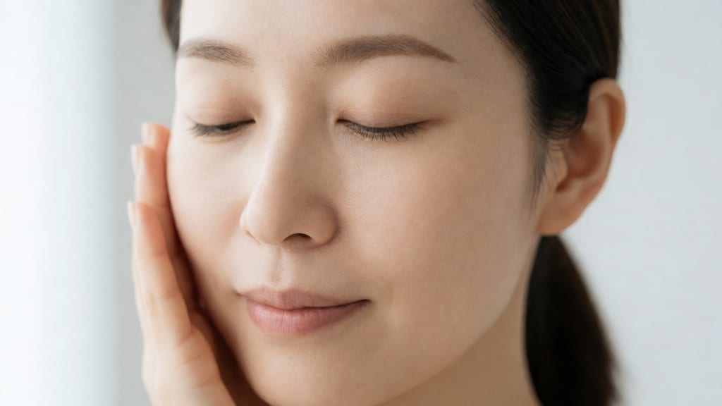 頬に手を当てる女性の落ち着いた表情