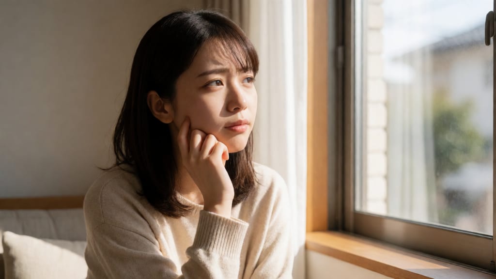 窓辺で考えごとをする女性