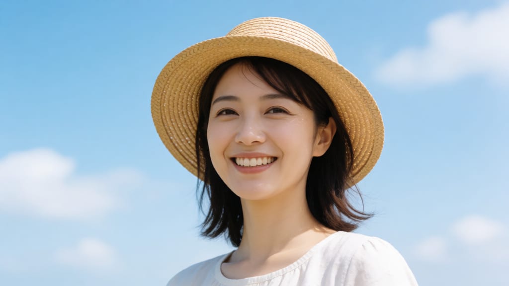 青空の下で微笑む麦わら帽子の女性